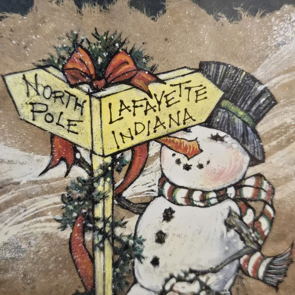 Marilyn‎ B Gerst Snowman Signpost Framed Christmas Print Hand Painted Indiana